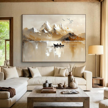 “Mountain Serenity” - Warm beiges, whites, browns; Snow - capped peaks, lake, rowboat, birds; Minimalist Landscape Painting On Canvas HB1147