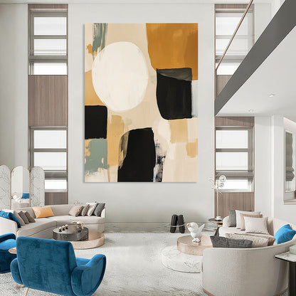 Contemporary hand-painted abstract art features beige black and sage green shapes with a large white circle and expressive brush strokes in mixed media. DLZ0794