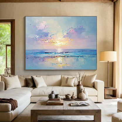 “Pastel Sunset Horizon” - Soft Pinks, Purples, Oranges, Abstract Seascape Sunset - Impasto Oil Painting HB1758