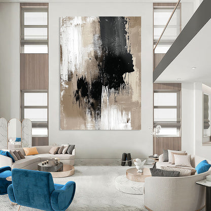 Contemporary hand-painted abstract art featuring a neutral palette of beige and black with monochromatic ink splashes for minimalist elegance. DLZ0929