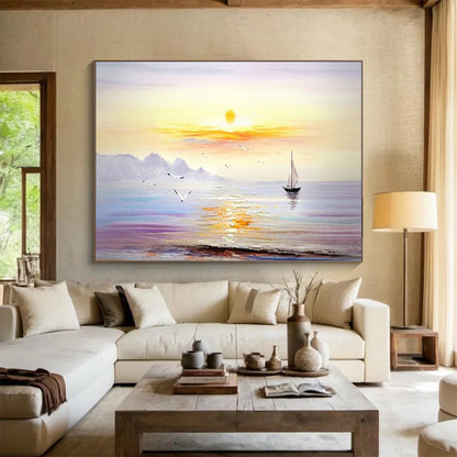 Sunset Sea Sailboat Oil Painting - Large Coastal Living Room Art DLZ181