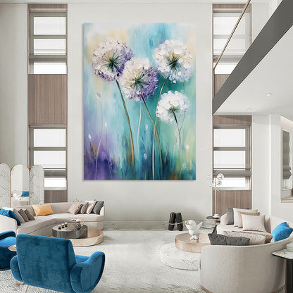 Contemporary abstract art featuring white alliums swaying in the wind with soft pale purple and teal hues in a gentle focus style. DLZ1730