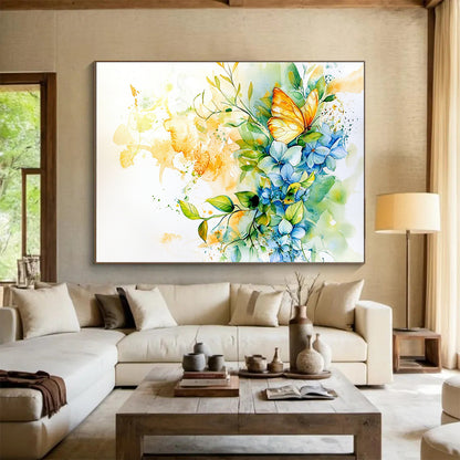 “Vibrant Butterfly & Blooms” - Blue, Yellow, Butterfly, Flowers Painting On Canvas HB0761