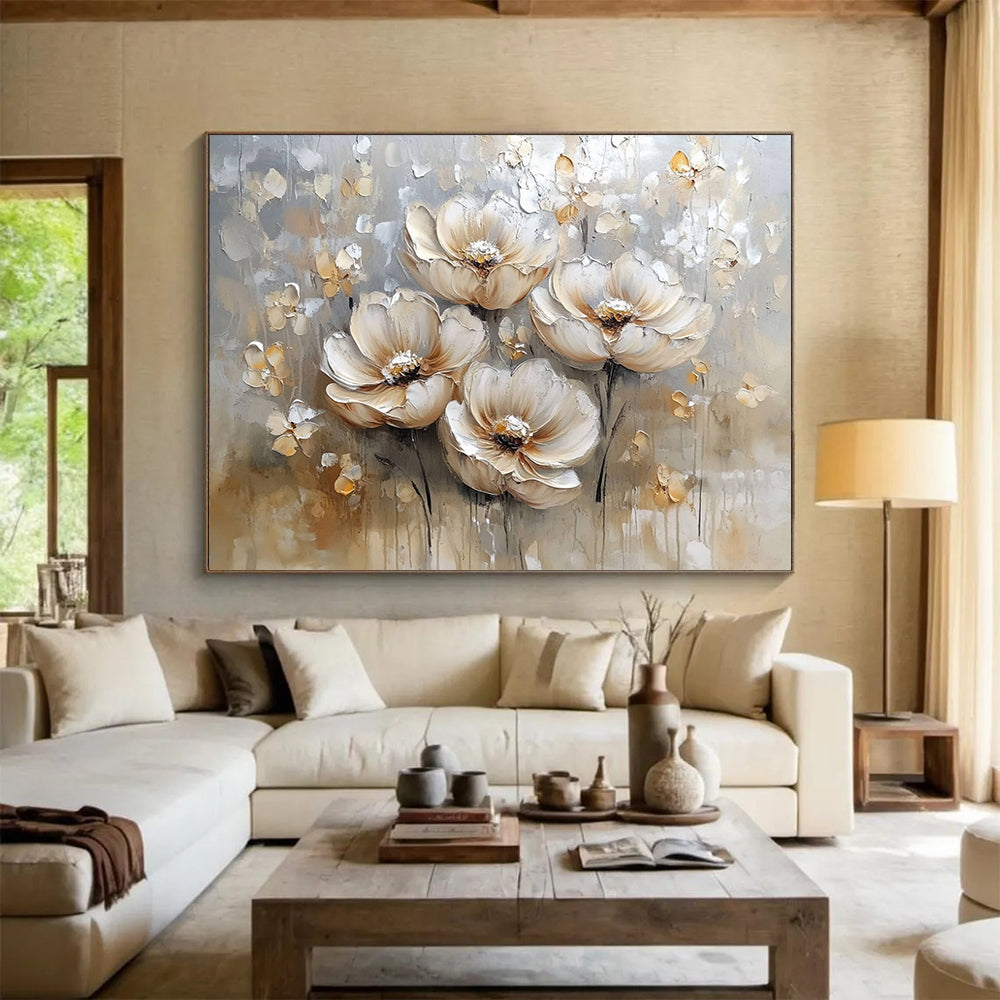 Beige, Gray and White Textured Flowers "Elegant Blooms" Painting On Canvas HB0421
