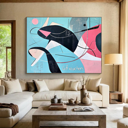 “Mid - Century Modern Whale” - Black, Pink, Blue, Geometric Whale HB1127