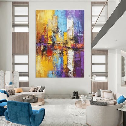 Contemporary hand-painted abstract art featuring a textured cityscape in gold and purple, showcasing expressive brushstrokes in a striking composition. DLZ0467