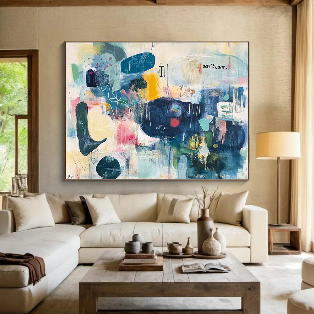 “Colorful Chaos with Text” - Multicolor, Abstract Forms, “don't care” Text - Contemporary Mixed - Media Acrylic Painting HB1550