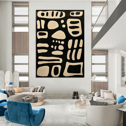 Contemporary hand-painted abstract art featuring bold lines and organic forms on a black background with elegant white isoglyph patterns. DLZ1244