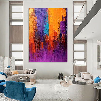 Contemporary abstract painting in vivid purple orange and blue with thick brush strokes dramatic lighting and rich texture create an atmospheric cityscape. DLZ0371
