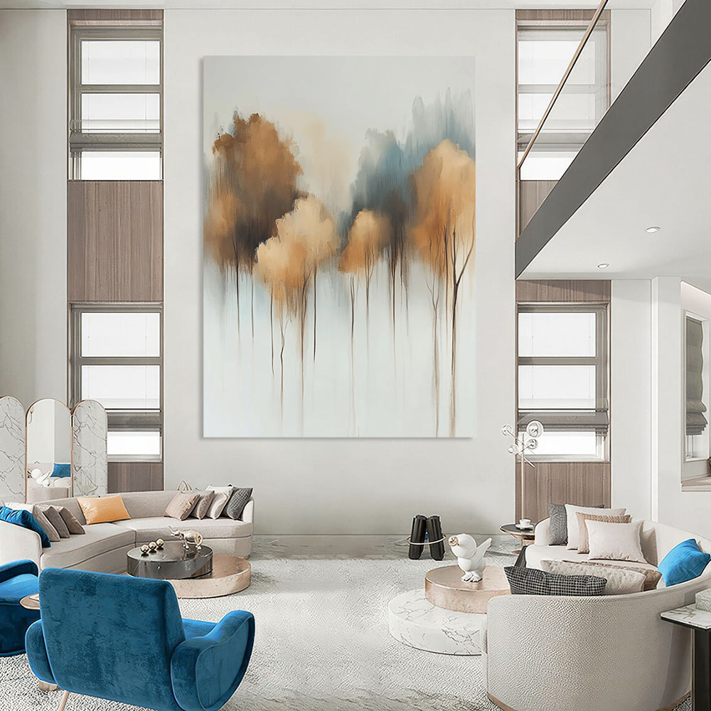 Contemporary abstract painting featuring soft watercolor trees on a white background with muted tones and dreamy light bronze and gray-blue floral accents. DLZ0662