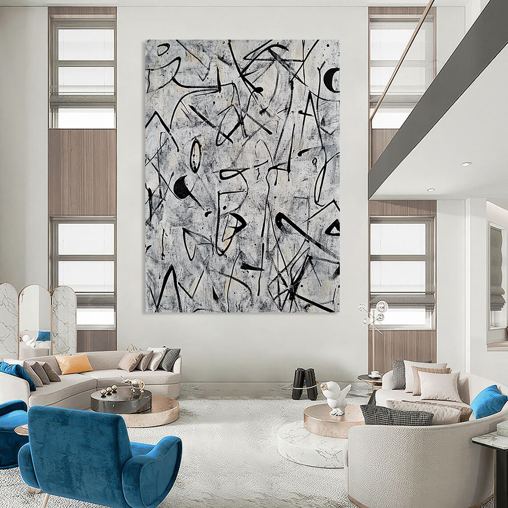 Contemporary abstract artwork featuring intricate doodles and shapes in black ink on a grey background inspired by Pollock and Basquiat. DLZ0628