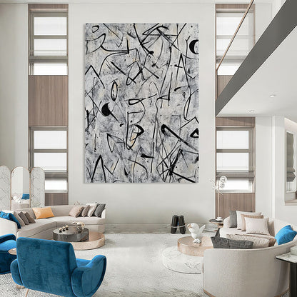 Contemporary abstract artwork featuring intricate doodles and shapes in black ink on a grey background inspired by Pollock and Basquiat. DLZ0628