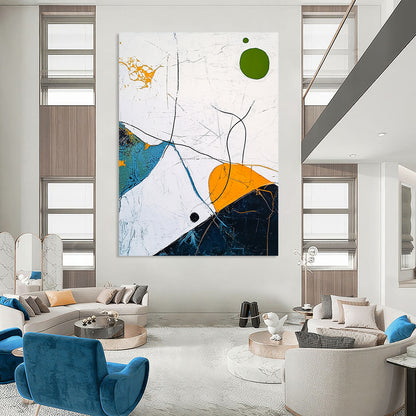Contemporary abstract artwork featuring a white sky, light blue and dark green lines, a yellow outlined circle, an orange oval, and a green dot. DLZ0609
