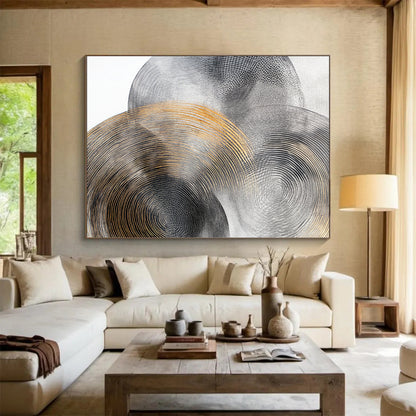 Gray, Silver, Black and Gold Abstract Circles "Celestial Rhythms" Painting On Canvas HB379
