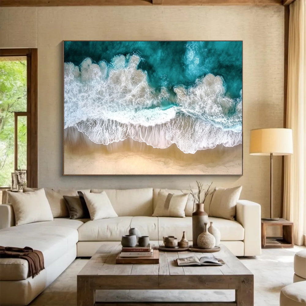 “Aerial Ocean Waves” - Turquoise, Whites, Browns, Aerial View of Ocean Waves on Beach - Photography Art HB1761