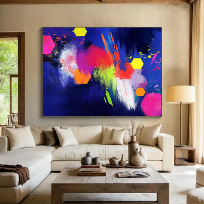“Neon Colorful Hexagons on Blue” - Neon Palette, Hexagon Shapes on Blue Painting On Canvas HB0864