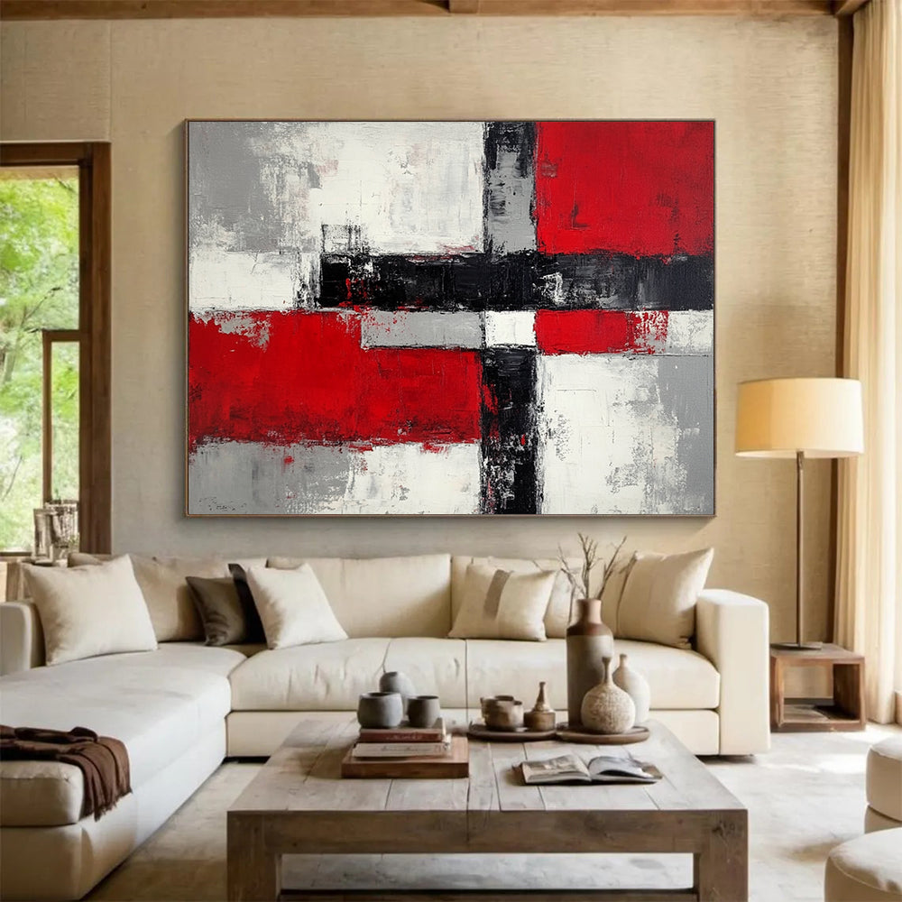 “Geometric Color Blocks” - Reds, grays, whites, blacks; Abstract geometric shapes; Minimalist Abstract Painting On Canvas HB1165