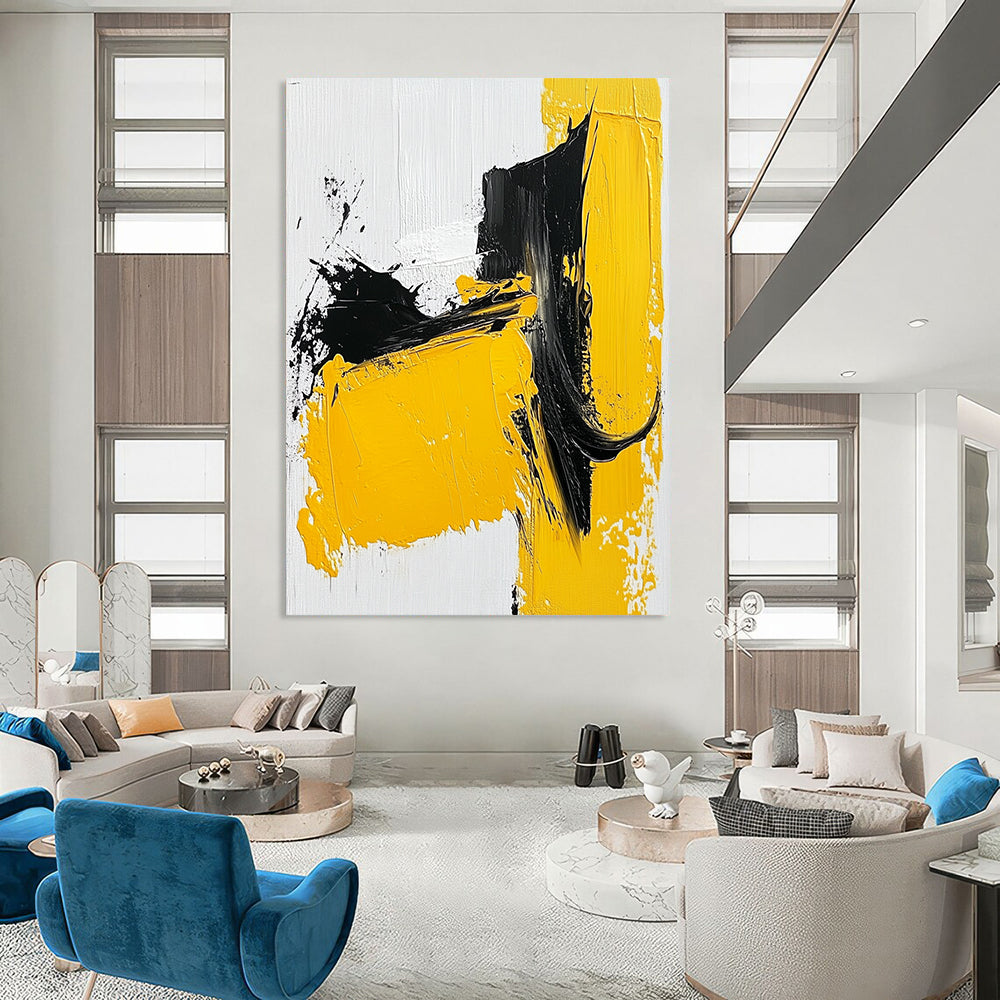 Contemporary abstract painting showcases bold yellow black and white strokes with thick paint on a textured canvas emphasizing minimalism and simple shapes. DLZ0837