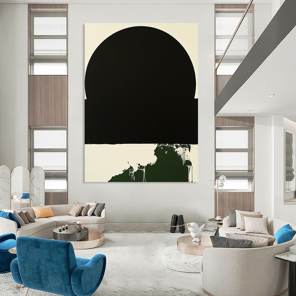 Contemporary hand-painted abstract art featuring a minimalist black circle with a white border and a small dark green splash on a black background. DLZ1382