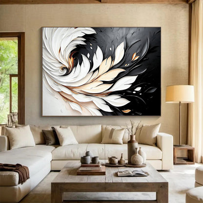 “3D White - Gold Feather Swirl on Black” - White, Gold, 3D Feather Shapes Painting On Canvas HB0796