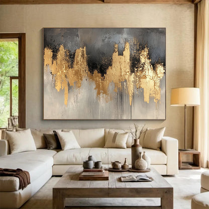 “Gold and Gray Abstract Skyline” - Gray, gold; Abstract skyline with gold accents; Acrylic Painting On Canvas HB1244