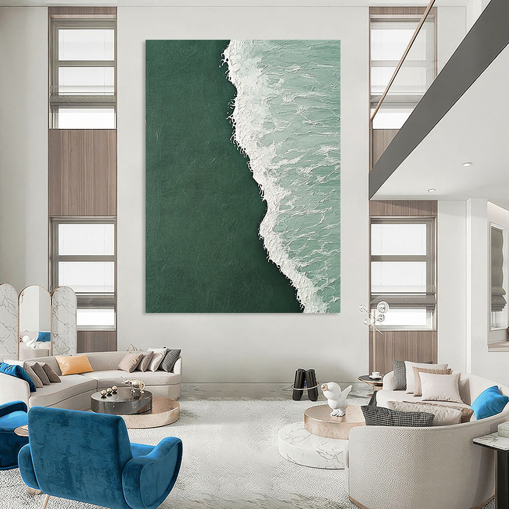 Contemporary hand-painted abstract artwork depicting a serene clash of dark green and light white ocean waves with intricate designs and a cool backdrop. DLZ1183