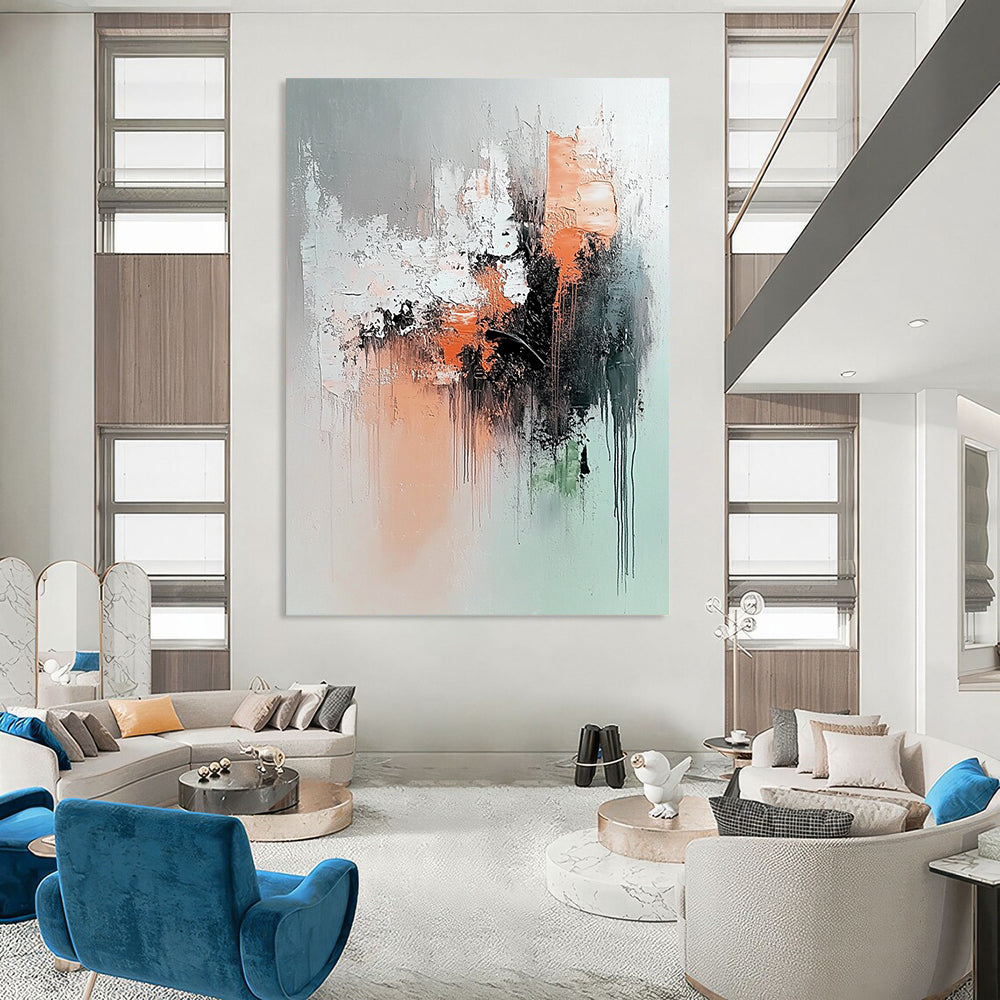 Contemporary abstract painting features soft gray peach and black colors with a serene explosion of dark green rust orange and brown elements. DLZ1054