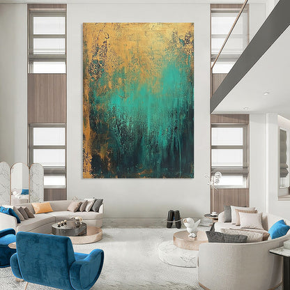 Contemporary hand-painted abstract artwork featuring textured teal and gold tones creates an atmospheric dreamlike effect with depth and elegance. DLZ1066
