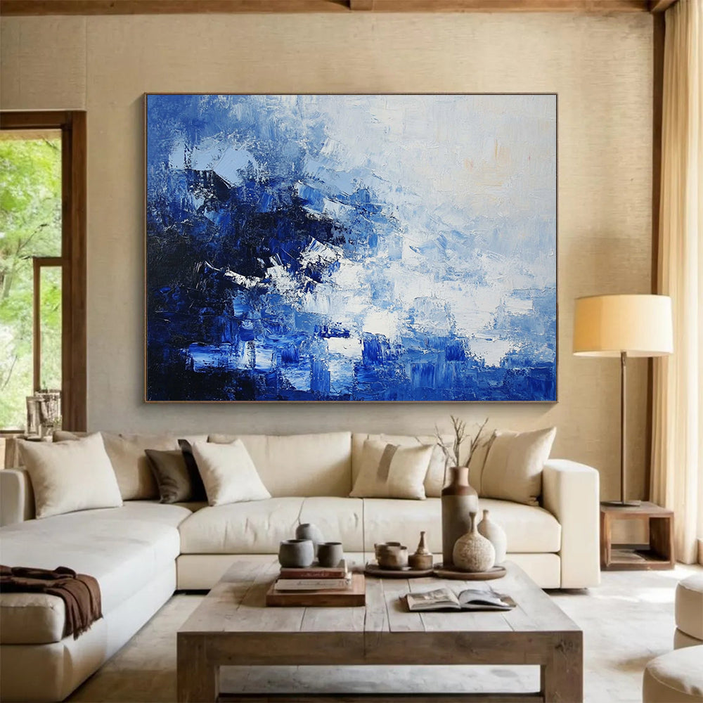 “Blue - White Abstract Textured Layers” - Blue, White, Layered Textures Painting On Canvas HB0836