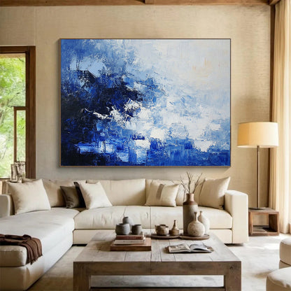“Blue - White Abstract Textured Layers” - Blue, White, Layered Textures Painting On Canvas HB0836