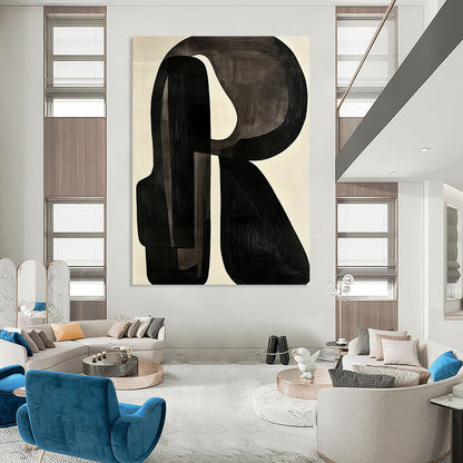 Contemporary abstract artwork featuring black and white shapes with a prominent letter R on a light gray background in the style of Jean Arp. DLZ0638