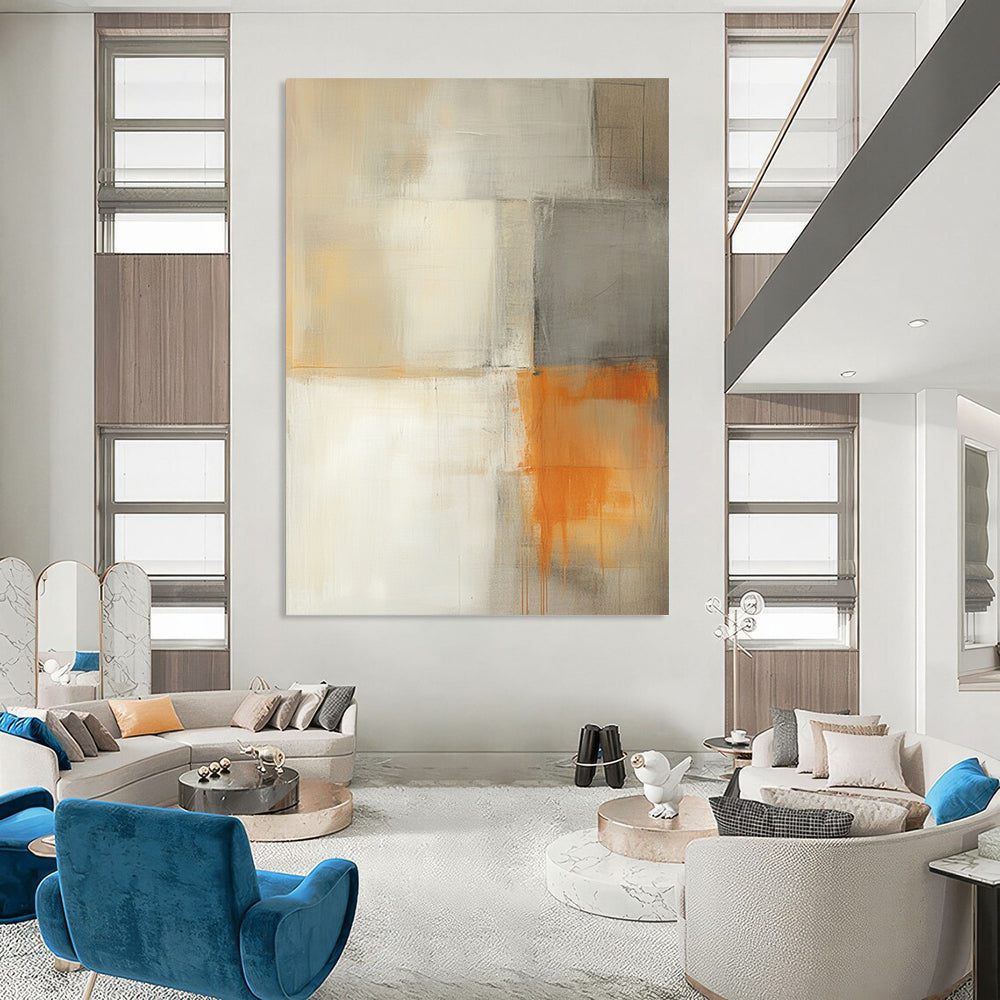 Contemporary hand-painted abstract artwork featuring light gray white and orange hues with a minimalistic building and soft shadows for a tranquil atmosphere. DLZ0986