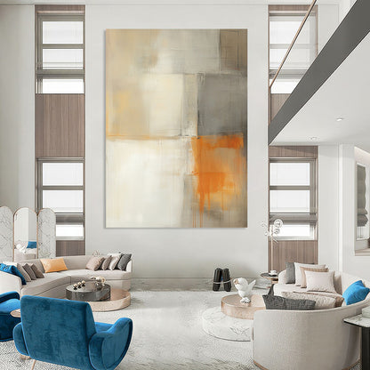 Contemporary hand-painted abstract artwork featuring light gray white and orange hues with a minimalistic building and soft shadows for a tranquil atmosphere. DLZ0986