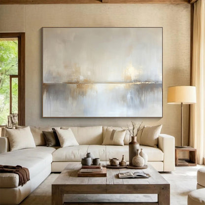 “Dreamy Horizon Reflection” - Pale beige, soft gray, white, Abstract Landscape Painting On Canvas HB0613