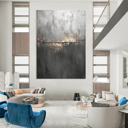 Contemporary abstract painting features a textured dark gray canvas with subtle brush strokes creating depth and visual intrigue. DLZ1281