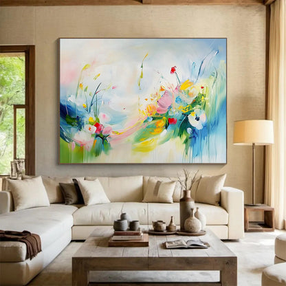“Colorful Floral Breeze” - Pink, Yellow, Blue, Whimsical Flowers and Sky Painting On Canvas HB0937