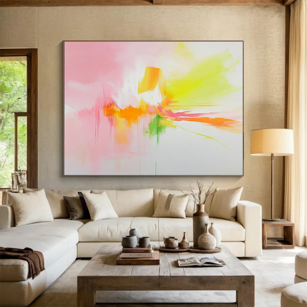 “Vibrant Pastel Abstract Burst” - Pink, yellow, orange, green; Soft pastel abstract with drips; Acrylic Painting On Canvas HB1218