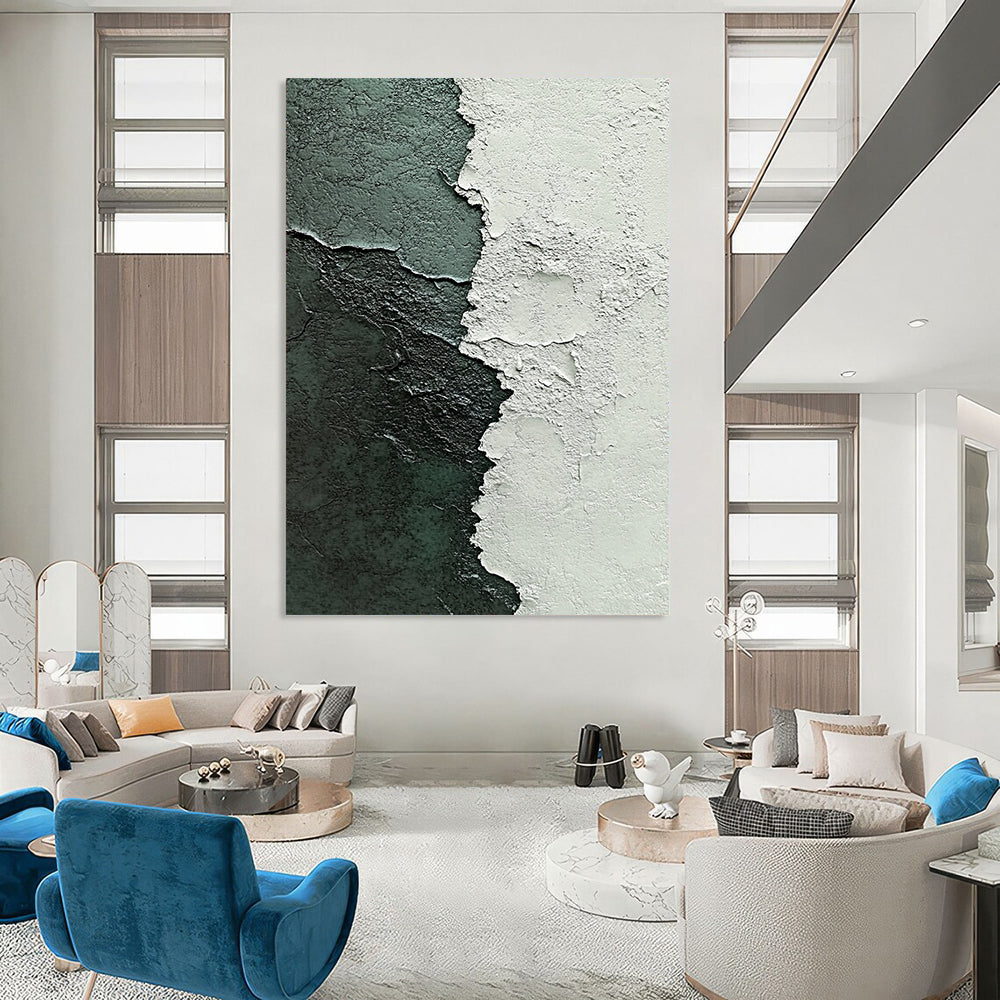 Contemporary abstract painting highlights textured contrast of white plaster and dark green paint with intricate brushstrokes in gray and blue tones. DLZ1213