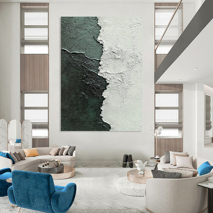 Contemporary abstract painting highlights textured contrast of white plaster and dark green paint with intricate brushstrokes in gray and blue tones. DLZ1213