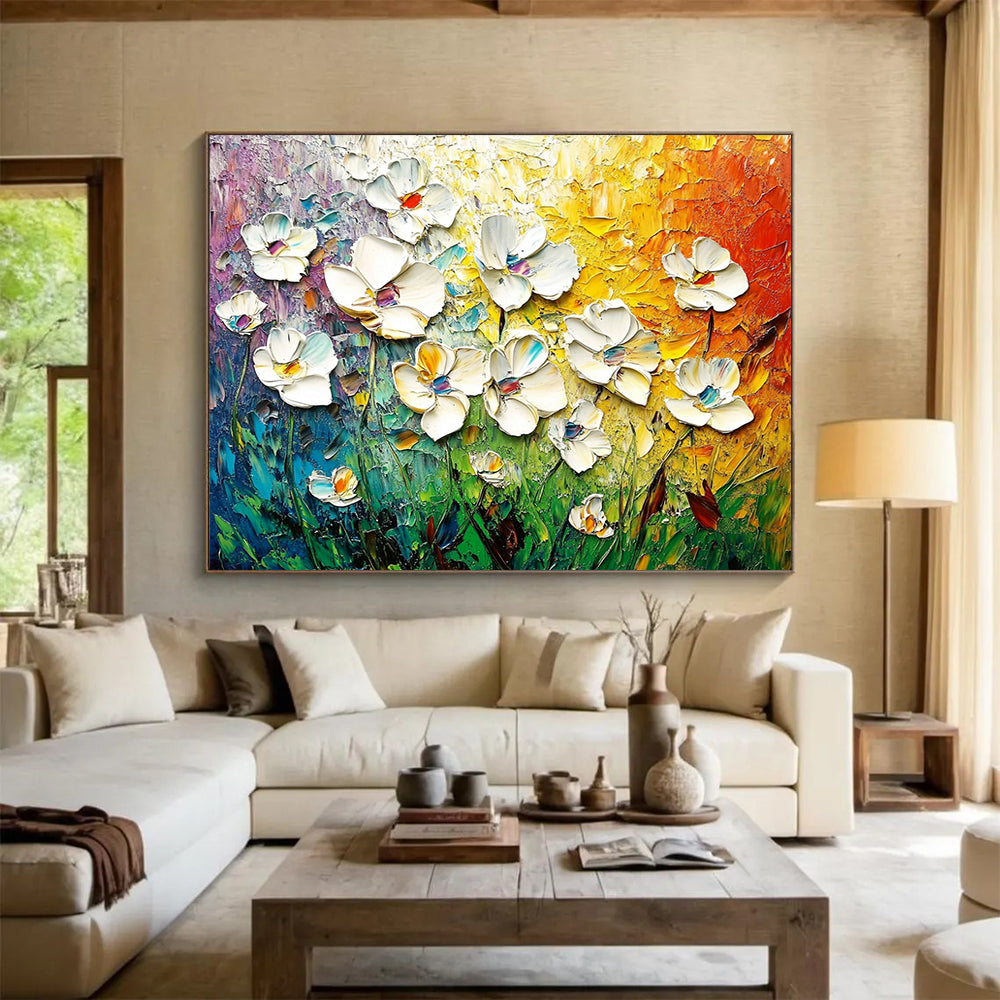 “Vibrant 3D Floral Burst” - White, Colorful, Textured Flowers Painting On Canvas HB0727