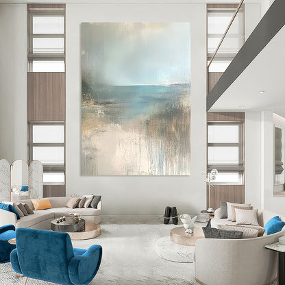 Contemporary hand-painted abstract art featuring a serene empty beach in soft beige, pale blue, and grey tones. Perfect for calming spaces. DLZ0950