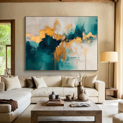 “Colorful Abstract Landscape” - Green, blue, purple, orange, yellow; Colorful abstract landscape with thick brushstrokes; Oil Painting On Canvas HB1285