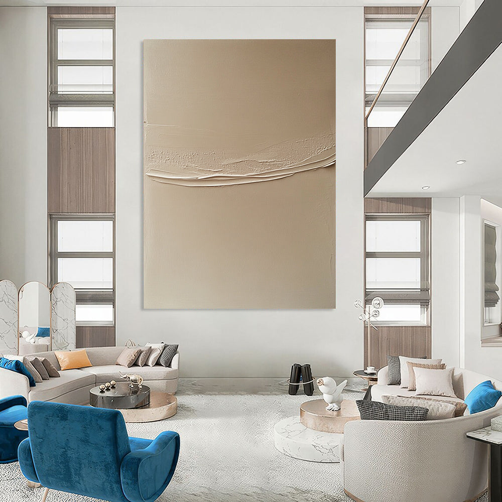 Contemporary abstract artwork featuring a beige wall with a delicate white line, highlighting contrasting textures and subtle shadows for depth. DLZ1434