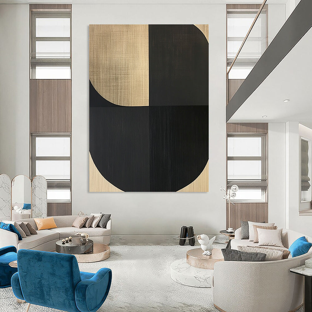 Contemporary abstract painting featuring bold shapes and simple lines on wood grain background, creating an elegant atmosphere of calm and tranquility. DLZ1535