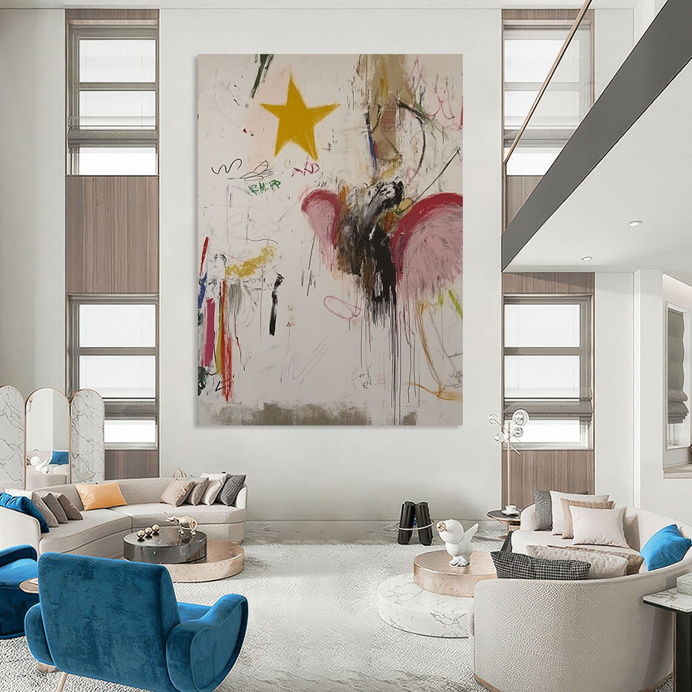 Large contemporary hand-painted abstract artwork featuring an angel with vibrant colors whimsical designs and a yellow star on a white background. DLZ0858