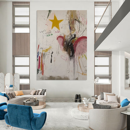 Large contemporary hand-painted abstract artwork featuring an angel with vibrant colors whimsical designs and a yellow star on a white background. DLZ0858