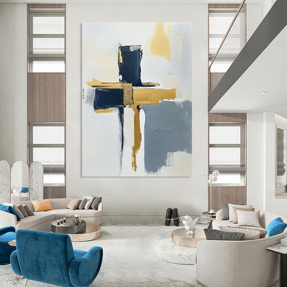 Contemporary hand-painted abstract art featuring a minimalist cross design on a textured canvas with gold highlights navy blue and gray accents. DLZ0592