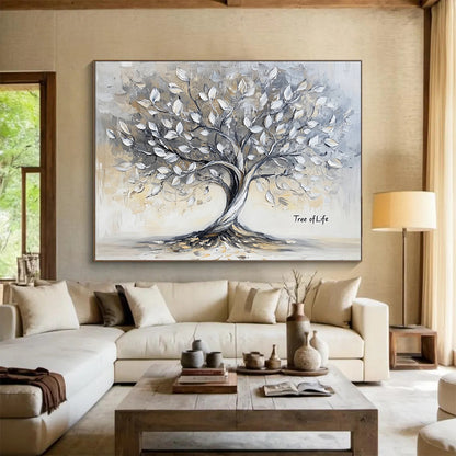 Neutral - Toned Tree of Life - Textured Symbolic Painting On Canvas HB0457