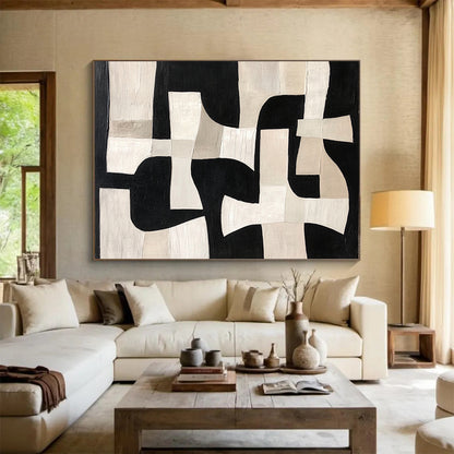 “Monochrome Geometric Interplay” - Black, White, Beige - Abstract Geometric Puzzle - Acrylic Painting HB1312