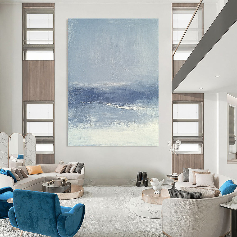 Contemporary abstract painting featuring a foggy sea in grey and blue, inspired by James Whistler's minimalist style, perfect for modern decor. DLZ0595